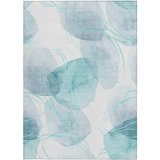 3' X 4' Teal and Ivory Abstract Washable Non Skid Indoor Outdoor Area Rug Photo 2