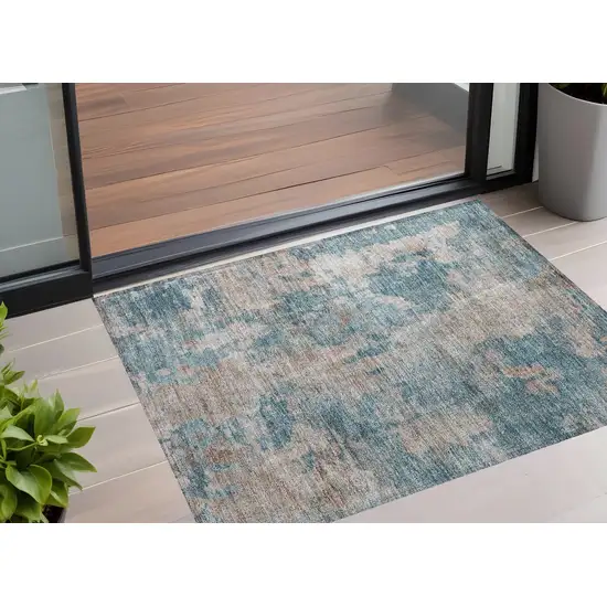 3' X 4' Teal and Taupe Abstract Washable Non Skid Indoor Outdoor Area Rug Photo 1