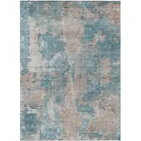 Photo of 3' X 4' Teal and Taupe Abstract Washable Non Skid Indoor Outdoor Area Rug