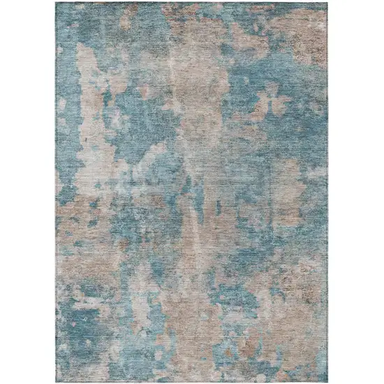 3' X 4' Teal and Taupe Abstract Washable Non Skid Indoor Outdoor Area Rug Photo 2