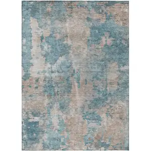 Photo of 3' X 4' Teal and Taupe Abstract Washable Non Skid Indoor Outdoor Area Rug