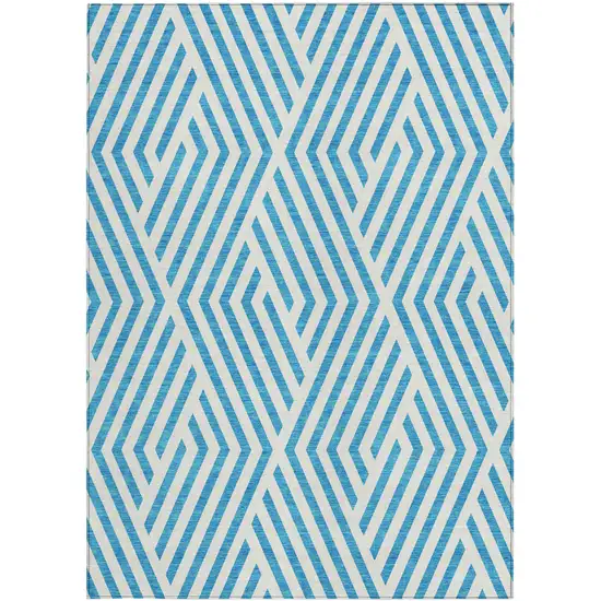 3' X 4' Teal and White Geometric Washable Non Skid Indoor Outdoor Area Rug Photo 5