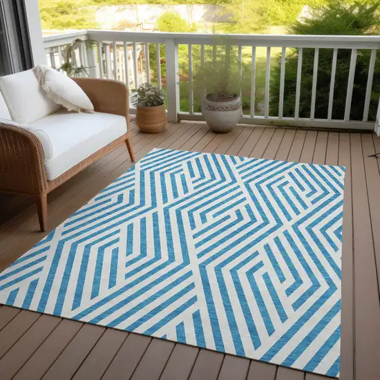 Teal and White Geometric Washable Non Skid Indoor Outdoor Area Rug Photo 8