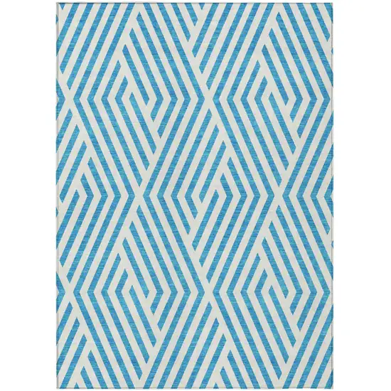 Teal and White Geometric Washable Non Skid Indoor Outdoor Area Rug Photo 2