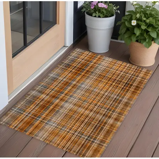 3' X 4' Terra Cotta Plaid Washable Non Skid Indoor Outdoor Area Rug Photo 1