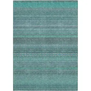 Photo of 3' X 4' Turquoise Striped Washable Non Skid Indoor Outdoor Area Rug