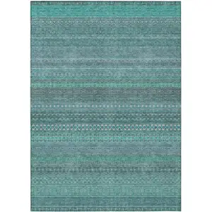 Photo of 3' X 5' Turquoise Striped Washable Non Skid Indoor Outdoor Area Rug