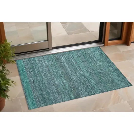 3' X 5' Turquoise Striped Washable Non Skid Indoor Outdoor Area Rug Photo 1