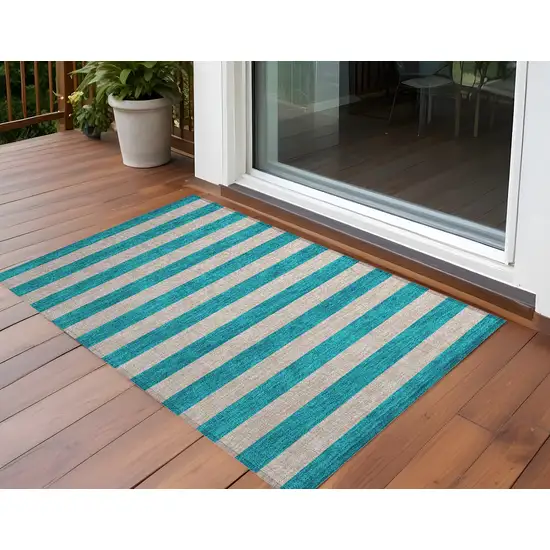 3' X 4' Turquoise Striped Washable Non Skid Indoor Outdoor Area Rug Photo 1