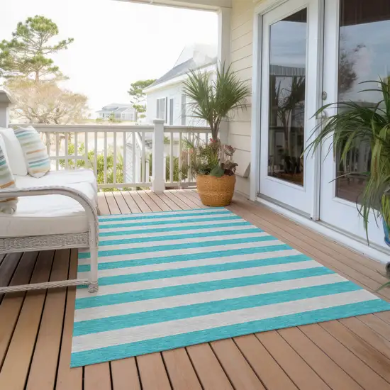 3' X 4' Turquoise Striped Washable Non Skid Indoor Outdoor Area Rug Photo 8