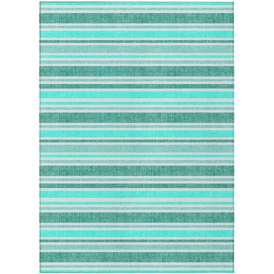 Turquoise Striped Washable Indoor Outdoor Area Rug Photo 2