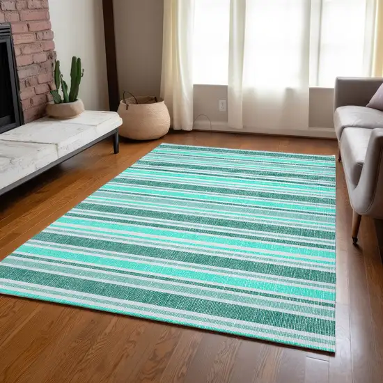 Turquoise Striped Washable Indoor Outdoor Area Rug Photo 9