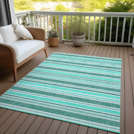 Turquoise Striped Washable Indoor Outdoor Area Rug Photo 7