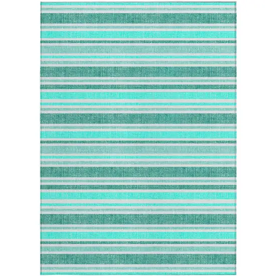 Turquoise Striped Washable Indoor Outdoor Area Rug Photo 5