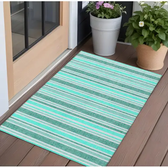 Turquoise Striped Washable Indoor Outdoor Area Rug Photo 1