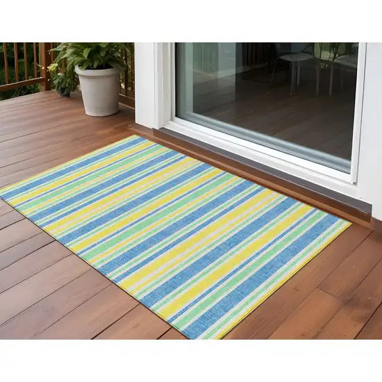 3' X 4' Yellow Striped Washable Non Skid Indoor Outdoor Area Rug Photo 1