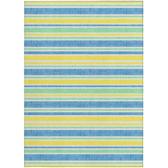 Blue Yellow and Green Striped Washable Non Skid Indoor Outdoor Area Rug Photo 4