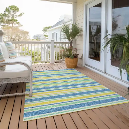 Blue Yellow and Green Striped Washable Non Skid Indoor Outdoor Area Rug Photo 8