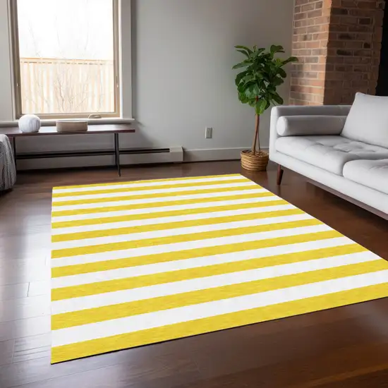 Yellow and White Striped Washable Indoor Outdoor Area Rug Photo 8