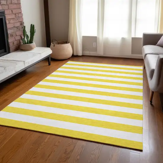 Yellow and White Striped Washable Indoor Outdoor Area Rug Photo 9