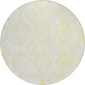 Photo of 8' Yellow And Ivory Round Geometric Washable Indoor Outdoor Area Rug