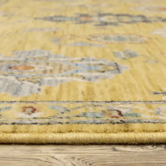 12' Yellow Black And Ivory Oriental Runner Rug With Fringe Photo 6