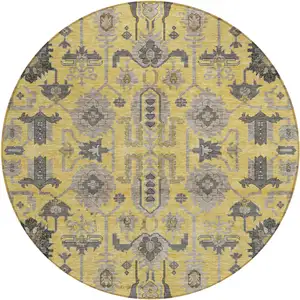 Photo of 8' Yellow Gray And Charcoal Round Oriental Washable Indoor Outdoor Area Rug