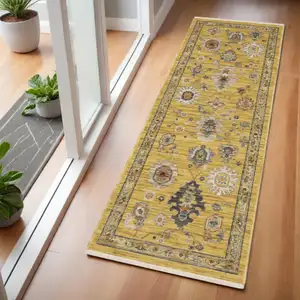 Photo of 6' Yellow Ivory And Gray Oriental Runner Rug With Fringe