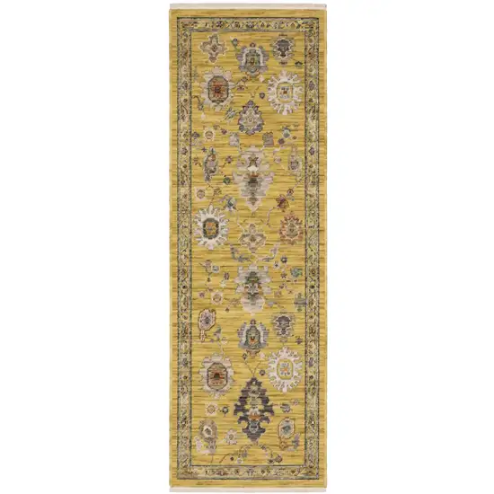 6' Yellow Ivory And Gray Oriental Runner Rug With Fringe Photo 2