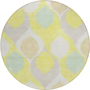 Photo of 8' Yellow Mint Green And Beige Round Ogee Washable Indoor Outdoor Area Rug