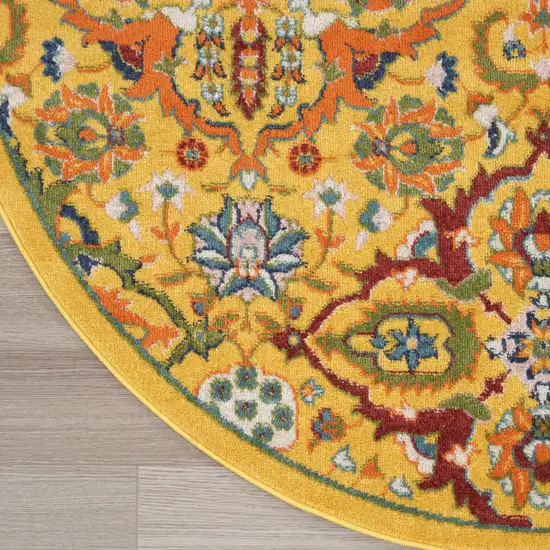 5' Yellow Round Floral Power Loom Area Rug Photo 4