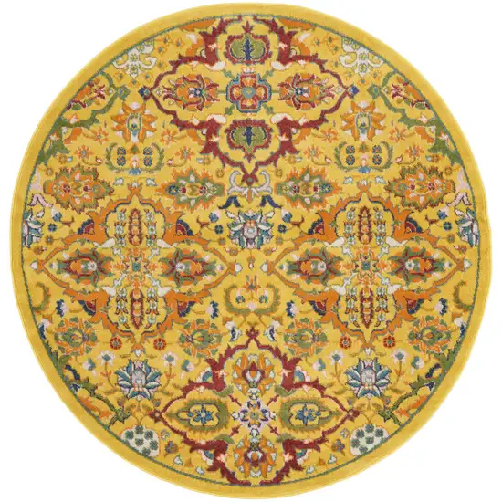 5' Yellow Round Floral Power Loom Area Rug Photo 2