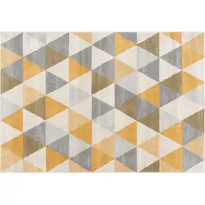 Photo of 5' Yellow Round Geometric Washable Non Skid Area Rug