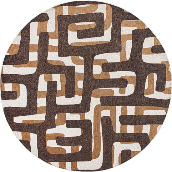 5' Yellow and Brown Round Abstract Non Skid Area Rug Photo 2