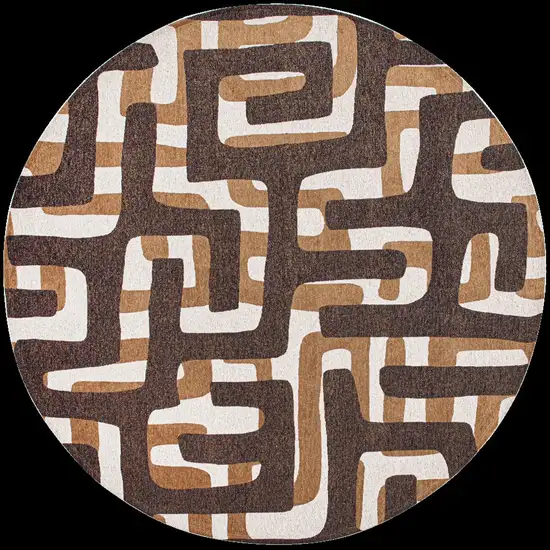 8' Yellow and Brown Round Abstract Non Skid Area Rug Photo 4