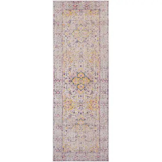 7' Yellow and Ivory Oriental Power Loom Runner Rug With Fringe Photo 1