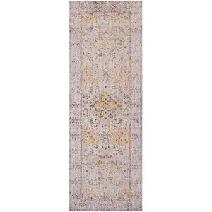 Photo of 7' Yellow and Ivory Oriental Power Loom Runner Rug With Fringe