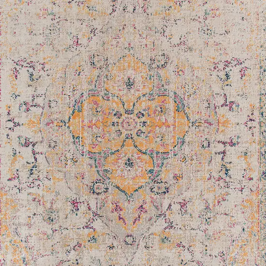 7' Yellow and Ivory Oriental Power Loom Runner Rug With Fringe Photo 8