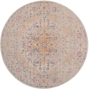 Photo of 6' Yellow and Ivory Round Oriental Power Loom Distressed Area Rug