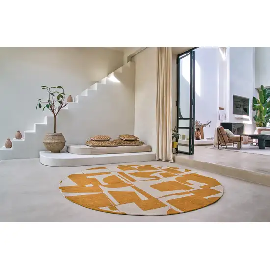 8' Yellow and White Round Geometric Non Skid Area Rug Photo 6