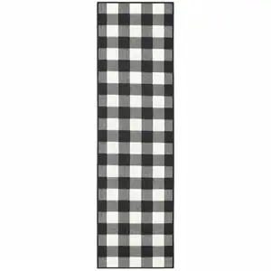 Photo of 2'x8' Black and Ivory Gingham Indoor Outdoor Runner Rug