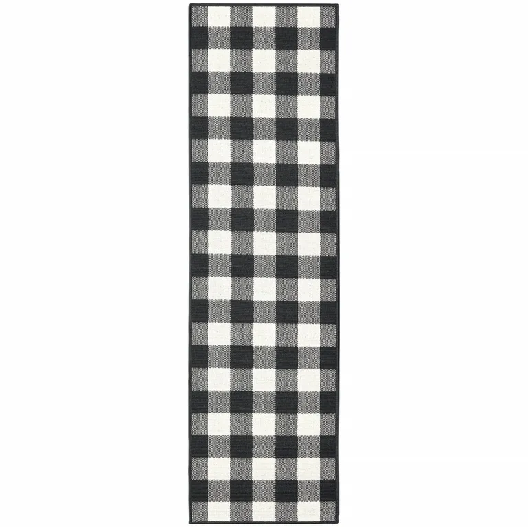 2'x8' Black and Ivory Gingham Indoor Outdoor Runner Rug Photo 1