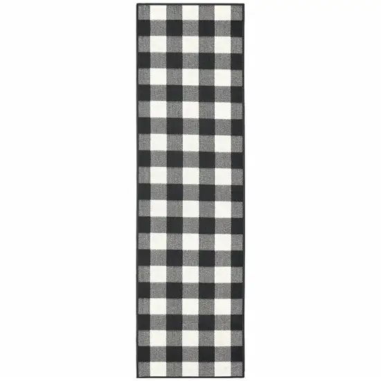 2'x8' Black and Ivory Gingham Indoor Outdoor Runner Rug Photo 1