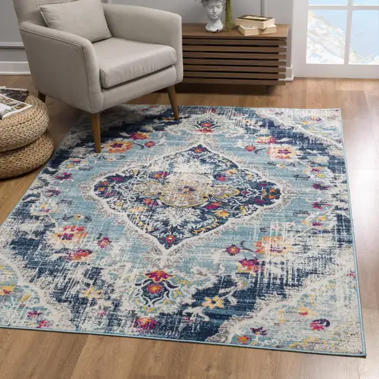 9' x 13' Blue Distressed Medallion Area Rug Photo 5