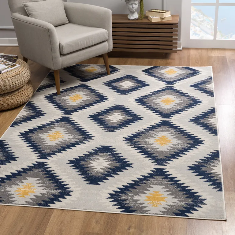 9' x 13' Blue and Gray Kilim Pattern Area Rug Photo 3