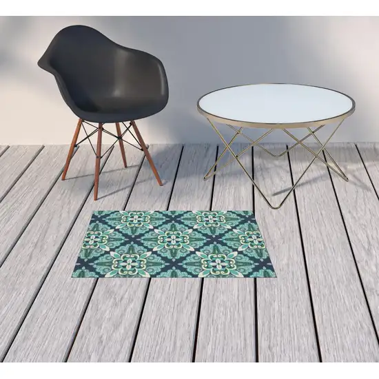 2'x3' Blue and Green Floral Indoor Outdoor Scatter Rug Photo 5