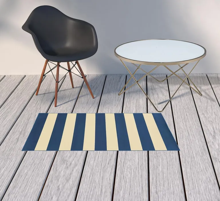 2'x4' Blue and Ivory Striped Indoor Outdoor Scatter Rug Photo 4