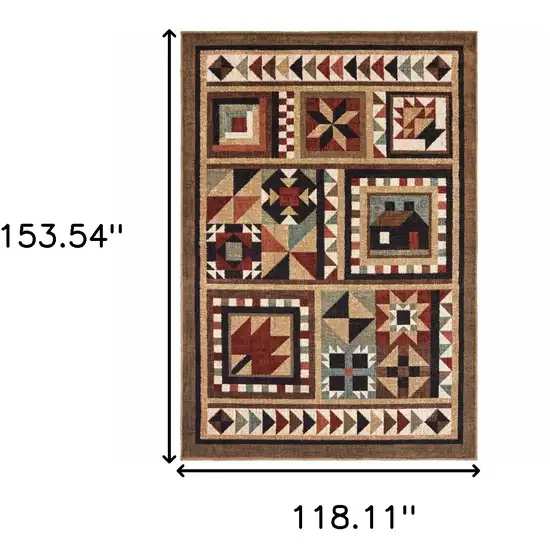 10'x13' Brown and Red Ikat Patchwork Area Rug Photo 6