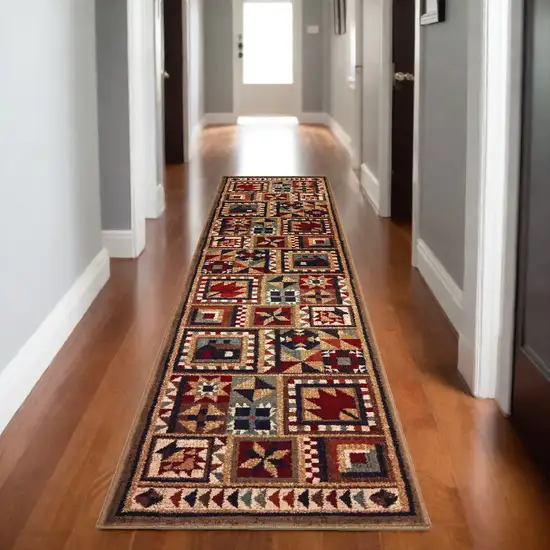 2' X 8' Brown And Red Ikat Patchwork Runner Rug Photo 1