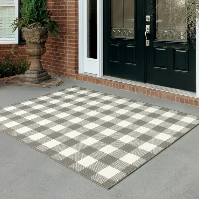 4'x6' Gray and Ivory Gingham Indoor Outdoor Area Rug Photo 4